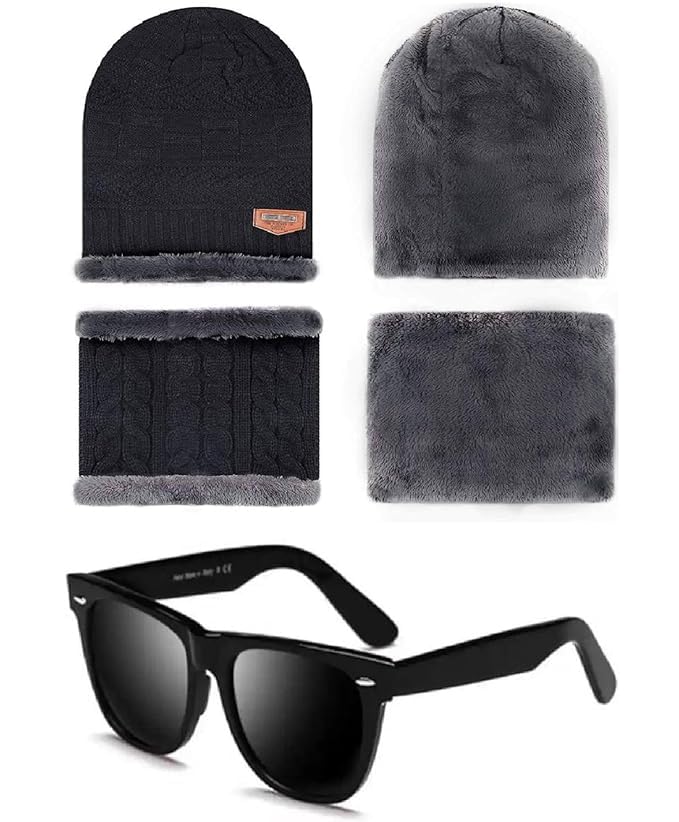 Beanie/Skull Cap & Neck Warmer (Muffler) Sunglasses Combo for Winters with Scarf Set Ear Warmer Cap Pack of 2 Set Blue-image-49