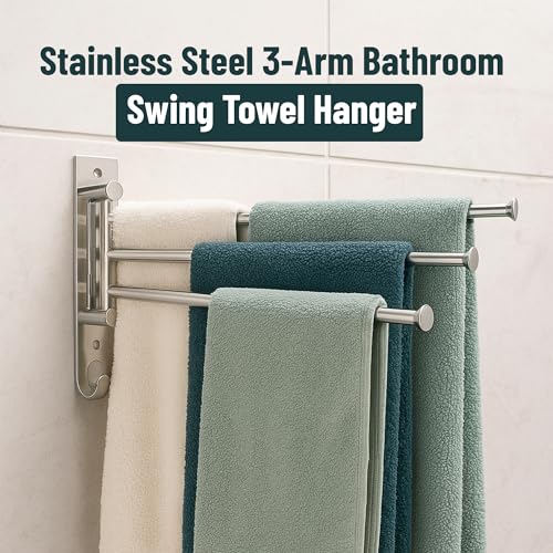Image of ACHRO Self Adhesive and Wall Mount Swivel Towel Rack, 15 Inch Thicken 304 Stainless Steel 3-Arm Towel Bar, Space Saving, Rustproof Swing Out Towel Hanger for Bathroom, Kitchen (Brushed Nickel)