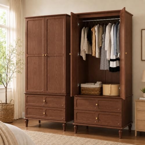 HLR 71 Mid-Century Modern Armoire Wardrobe Closet with Doors and Drawers Wooden Armoire Storage Cabinet with Hanging Rod for Bedroom Large Capacity Storage Brown