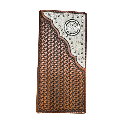 Men’s Long Leather Wallet – Basketweave Tooled with Cowhide Inlay and Six Shooter Pistol Concho – Western Cowboy Checkbook Bifold Wallet for Ranchers & Outlaws - Main Image