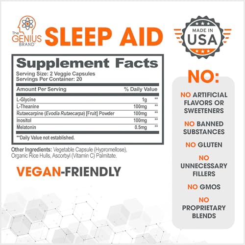 Genius Sleep AID - Smart Sleeping Pills Supplement - Relaxation Enhancer and Mood Support w/Inositol, L-Theanine & Glycine - 40 Capsules - Image 5