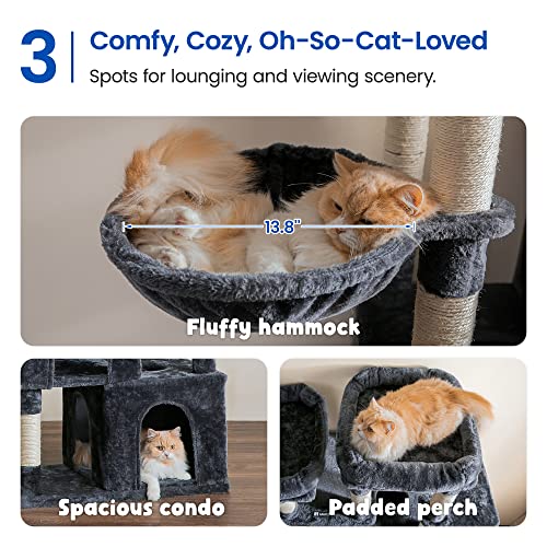 Image of MWPO Extra Large Cat Tree - 70.1-Inch Tall Cat Tower with 3 Cat Condos, Multi-Level Cat Stand for Large Cats Featuring Scratching Posts, Padded Perches, Hammock, Dangling Toys - Smoky Grey