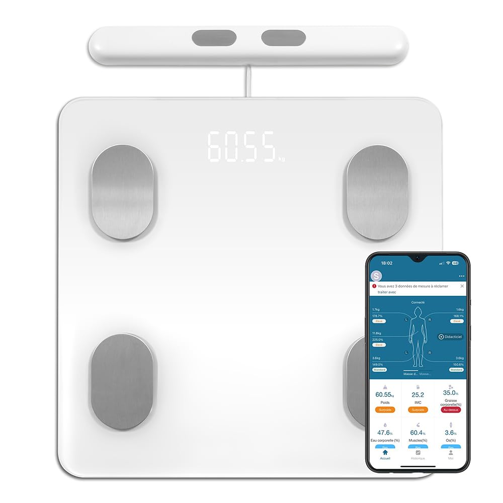 Livoo - Pèse-personne impédancemètre connecté DOM531W - 15 indicateus corporels, jusqu'à 180kg, 16 mémoires utilisateurs