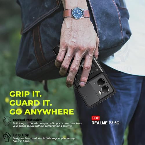 Image of Luxe Back Cover for Realme P3 5G | D10 Tough Armor Case | Sliding Camera Shield | 360 Protection | Kickstand Ring Holder | Military-Grade Shockproof Bumper Case