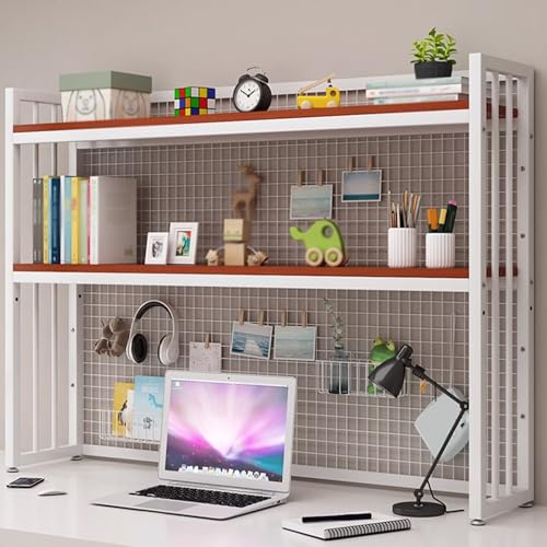 Supporto regolabile per monitor a 2 livelli e libreria da scrivania, in legno e metallo, design salvaspazio per casa e ufficio, finitura bianca e nera, ideale per produttività e spazio di lavoro Ergon
