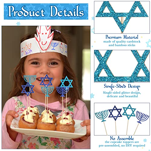 Hanukkah Cupcake Toppers Glitter Dark Blue Light Blue Candlestick Hexagram Decorations For Hanukkah Cupcake Picks Party Cake Decorations Supplies, 5.5 Inch (120 Pieces) #TOP1
