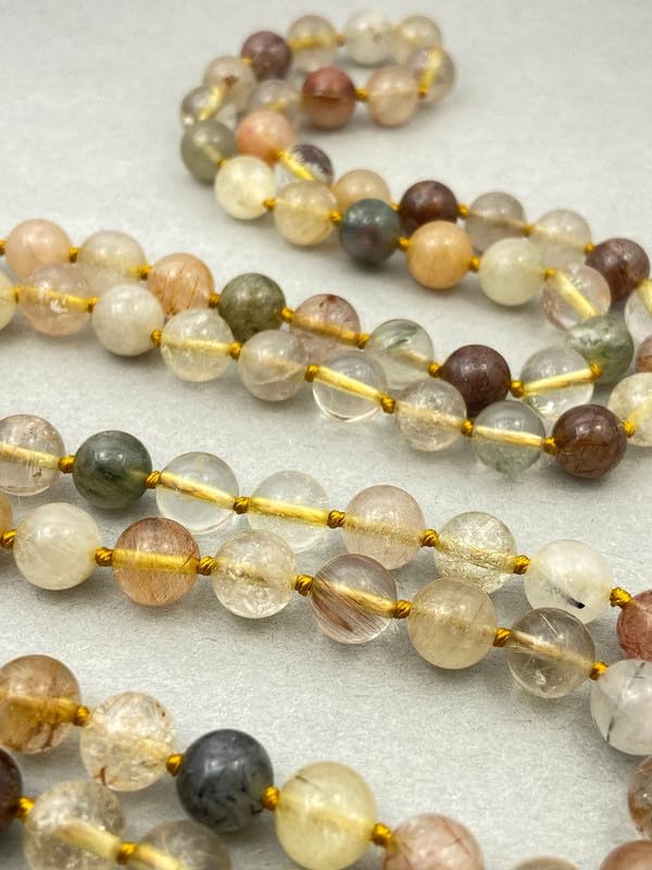 Natural AAA Cuarzo Rutilado Dorado Mala, Collar de Oración, Mala Tibetano, Mala Anudada de 6mm, Mala de Cuarzo Rutilado de 108 Cuentas, Mantra Japa Mala