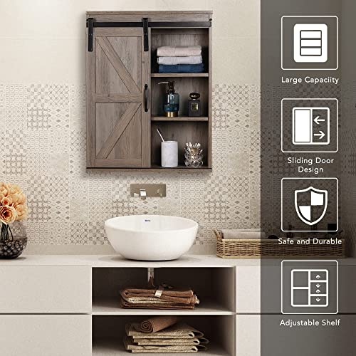 Rustown Farmhouse Wood Wall Storage Bathroom Cabinet With Sliding Barn Door, Rustic Medicine Cabinet With Adjustable Shelf, 3-Tier Vintage Cabinet For Kitchen, Bathroom, Living Room (Washed Oak) #TOP2
