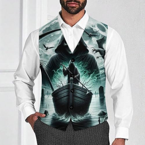 Grim Reaper with Scythe on A Boat Men's Suit Vest Slim Fit V-Ncek Waistcoat Business Casual Vest2