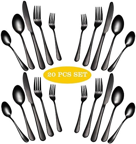 Maredash 20 Piece Black Silverware Set, Flatware Set Stainless Steel Cutlery Mirror Polished Utensil Tableware Sets, Include Knife Fork Spoon for Kitchen Service for 4