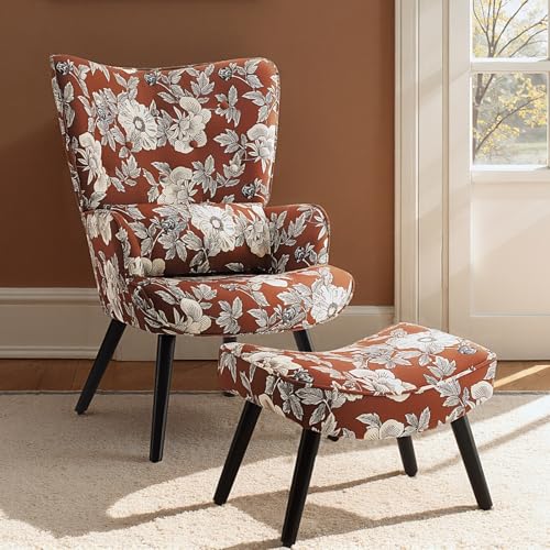 HomeMiYN Sessel Ohrensessel mit Kissen und Fußhocker Wohnzimmer Einzelsofa Vintage Rokoko Blumen HomeMiYN Sessel Ohrensessel mit Kissen und Fußhocker Wohnzimmer Einzelsofa Vintage Rokoko Blumen