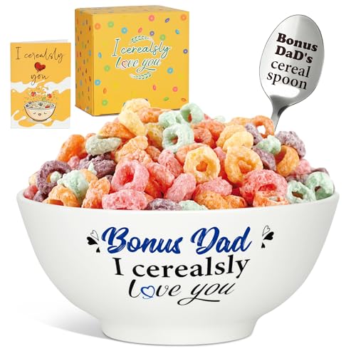 Ciwuchu Bonus Parent Bowl Set with Spoon & Card – Stepdad Birthday Present from Daughter or Son, Best Bonus Parent Ever Ceramic Cereal Bowl, Unique Appreciation Gift