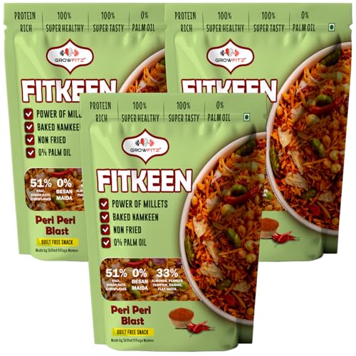 Image of GROWFITZ Baked Namkeen Mixture 200g | Peri Peri Flavor | Non-Fried Millet Snack | 0% Palm Oil | 12.4g High Protein | Healthy Tea-Time Snack (200gram - Pack of 3, Peri Peri Spicy)