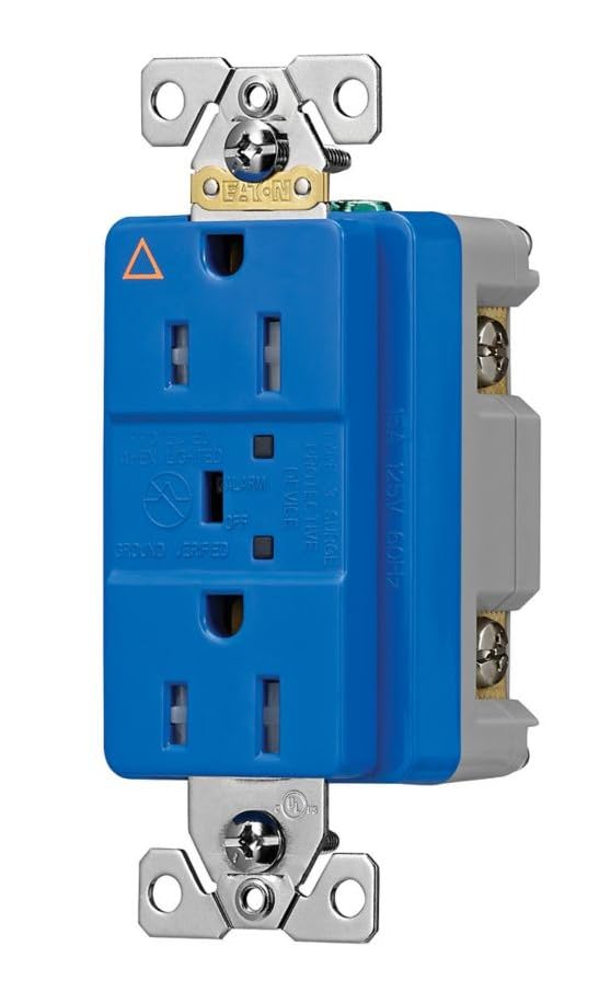 Eaton TRIG5262BLS Surge Protection Duplex Receptacle, TVSS, LED Indicator and Alarm, 15 Amp, 560J, Tamper Resistant, Blue, Isolated Ground, Transient Voltage Surge Suppressor