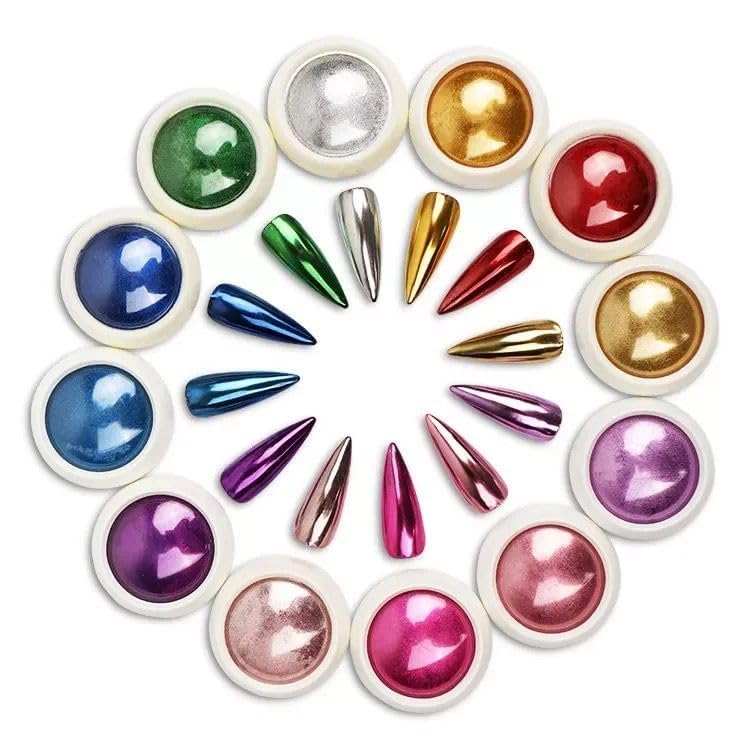 BEAUZY PROFESSIONAL Chrome Nail Powder – Mirror Metallic & Holographic Nail Pigment for Nail Art Decoration, UV/LED Gel Polish Mirror Effect – 12 Multicolor Shades | Pack of 12