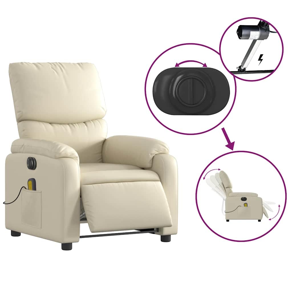 Massagesessel elektrisch Creme Kunstleder mit 6-Punkt-Vibrationsmassage, Elektromotor für Rückenlehne und Fußstütze, bequemer Polstersessel mit stabilem Holz und Metallgestell