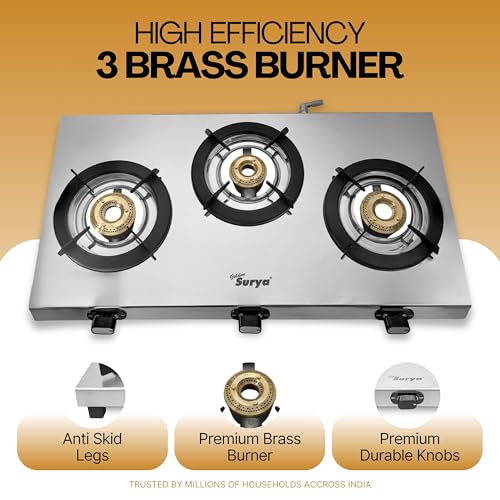 Image of Golden Surya Omega 3 Burner Stainless Steel Gas Stove | 5G Forged Brass Burners | Ultra Slim Body | Heavy MS Pan Supports | Manual Ignition | 18 Months Warranty