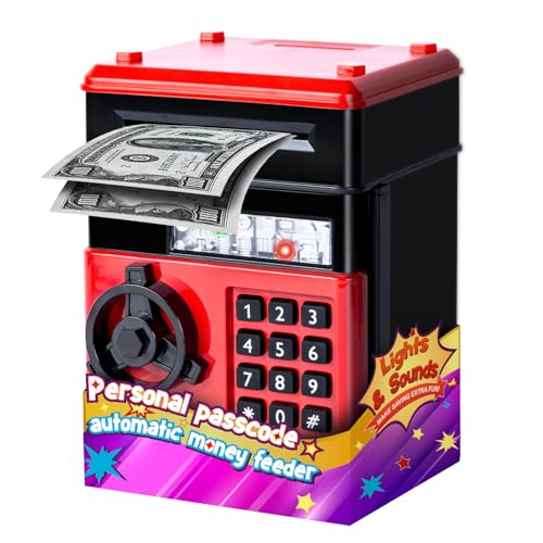 Refasy Kid Bank Safe ATM Piggy Bank for Kids Age 3-12, Cash Piggy Banks ATM Money Bank Kids Safe Coin Banks Money Safe, Birthday Xmas Gifts Toys for 3 4 5 6 7 8 9 10 12 Year Old Boys Girls (Red)