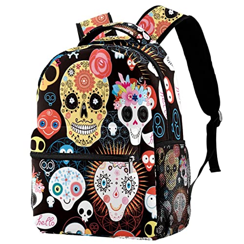 Sac à dos voyage avec porte-bouteille, motif crâne et fleurs ergonomique