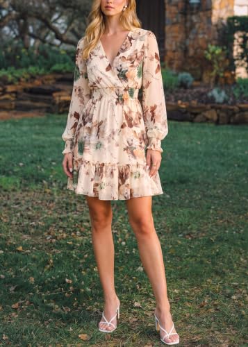 Image of Prettywear Women's Chiffon Long Sleeve Wrap Neck Wedding Guest Mini Dress | Wrap V Neck Smocked Waist Flowy Dress, Spring Fall Outfits for Cocktail, Vacation, Date Night Party