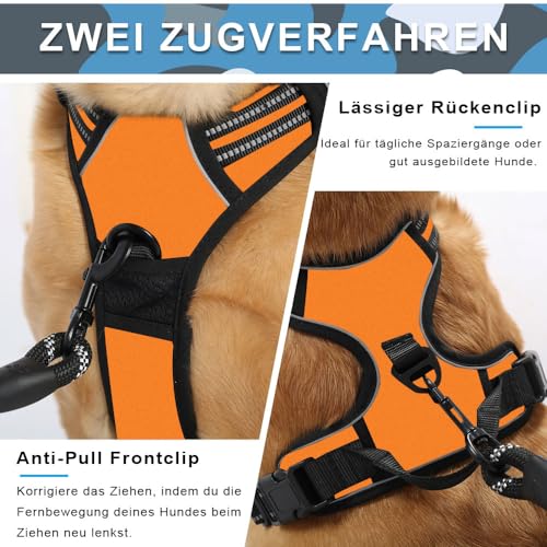 Voarge Hundegeschirr Grosse Hunde, Anti Zug Geschirr Hund mit Kontrolle, Verstellbare Weste Hundegeschirre, mit einfach zu bedienendem Griff für Training oder Spaziergänge (Orange, L)