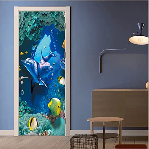 Artfanke 3D Door Sticker Peel And Stick - Blue Ocean Dolphins Field Wall Murals- Self-Adhesive Inner Room Door Wallpaper - Door Decal For Bedroom Decor 30.3"X78.7" #TOP7