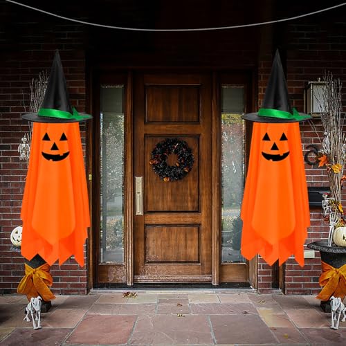 2 Pack Halloween Hanging Decorations Outdoor - Halloween Hanging Pumpkin Decorations Decor Pumpkin Ghost Orange Cute Pumpkin Decorations Decor for Kids Outdoor Outside Garden.