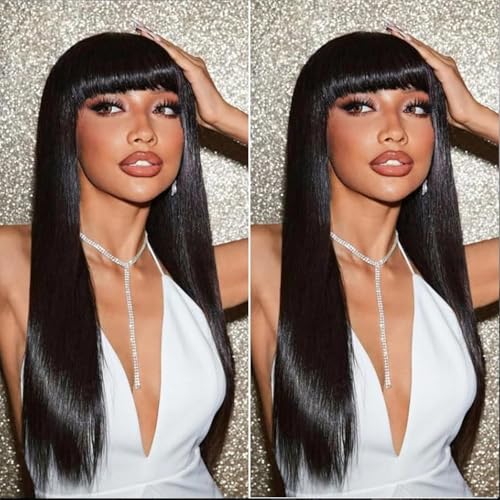 ANDRIA Black Wig With Bangs Long Wigs Silk Straight Wig Synthetic Natural Black Wig Heat Resistant Fiber Hair Daily and Cosplay Clueless Full Machine Wig For Black Women 24 Inches Black Hair Wig