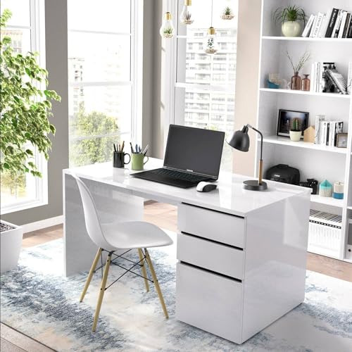 SCRIVANIA - Scrittoio multiuso da ufficio o cameretta, Tavolo da studio lineare con 2 cassetti e 1 anta, 139x60h75 cm, Bianco