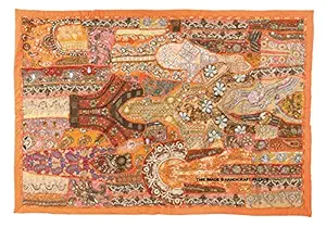 HANDICRAFT-PALACE Handmade Decorative Beaded Tapestry Cotton Patchwork Wall Decor Heavy Embroidery Wall Hanging 60 x 40 Inch (Orange)