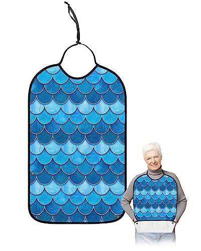Blue Ombre Adult Bibs for Eating, Waterproof Bibs with Food Catcher & Adjustable Snap Closure, Watercolor Fish Scales Modern Art Aesthetics Clothing Protectors Adult Bibs for Elderly Women/Men