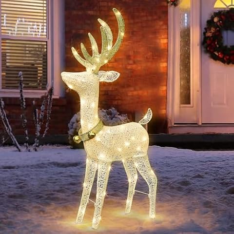 PEIDUO Christmas Reindeer Decorations, Outdoor Lighted Reindeer Yard Decorations with 70 Warm White Lights, 4 FT Deer Christmas Decor for Lawn Porch Garden Outside Xmas Holiday, Plug in Cover