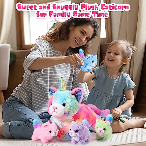 Image of 5 Pieces Caticorn Plush Toy Set 16 Inch Mommy Cat Unicorn Stuffed Animal with 4 Cute Plush Baby Kittens Pastel Rainbow Caticorn Toy Set Boys Girls Birthday Kpop Party Favors(Cute Color)