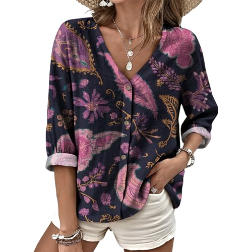 Womens Blouses Trendy 3/4 Roll Up Sleeve V Neck Button Down Casual Flowy Tops Novelty Abstract Pink Floral Print Basic Tees Lightweight Loose Fit Comfy Beach Vacation Boho Outfits 2025 Summer XL