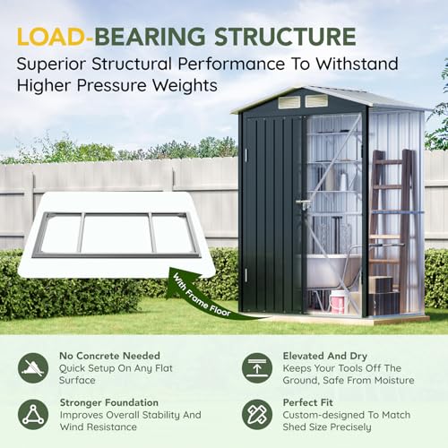 Image of Breezz 5x3FT Vertical Outdoor Steel Storage Shed with Floor Frame, Lockable Doors, Compact Metal Tool Shed for Garden, Backyard, Patio, Utility, and Bike Storage,Nightblue