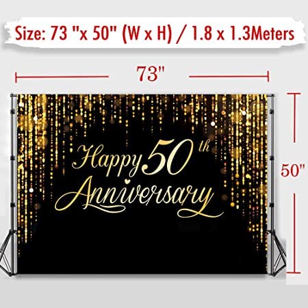 Image of Anniversary Backdrop for Happy 50th Party, Black Gold Background Glitter Bokeh Dots Wedding Anniversary Party Photo Background Cake Table Extra Large Wall Decor Props (73'' x 50'')