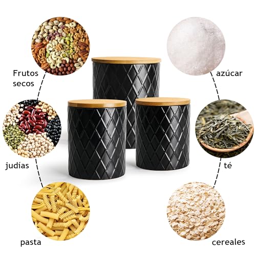 Miniatura 7 de Miamio - Juego De 3 Recipientes Para Encimera De Cocina, Juego De Recipientes De Cerámica Para Cocina Con Tapa De Madera Hermética - Perfecto Para Café, Té, Azúcar - Colección Palmonova Negro