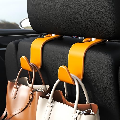 Image of Amooca Car Seat Headrest Hook 4 Pack Hanger Universal Vehicle Car Storage Organizer for Handbag Purse Coat S Type Yellow