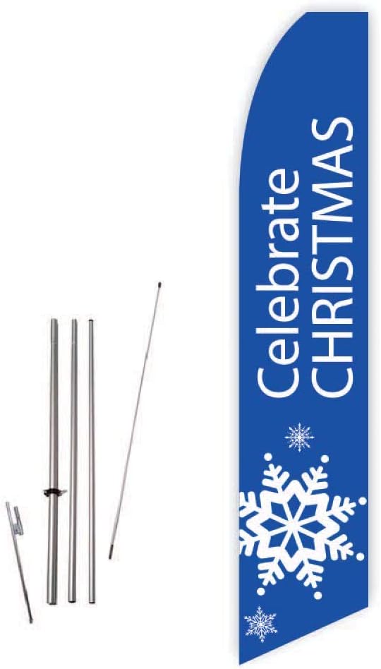 Celebrate Christmas (Blue) Super Novo Feather Flag - Complete with 15ft Pole Set and Ground Spike