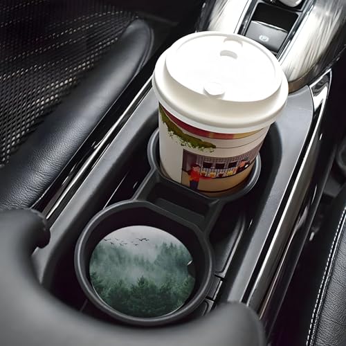 Image of Forest Tree Car Coasters for Cup Holder Absorbent Ceramic Cup Coaster 2 Pack Anti Slip Car Interior Accessories with Finger Notch Cork Base for Women Men 2.56 inch