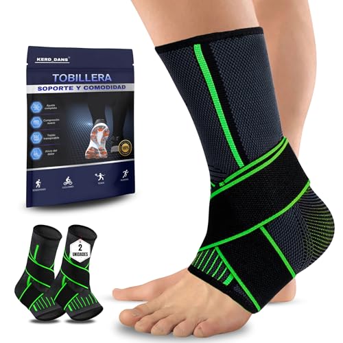 KERD_DANS Tobilleras para Esguince (2 Uds), Tobillera Deportiva Estabilizadora de Compresión con Velcro Ajustable, Tobillera para Prevenir Lesiones, Recuperación y Fascitis Plantar. (Verde, Large)