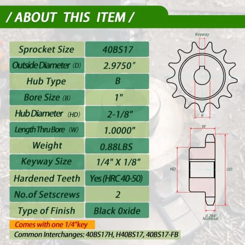 Image of #40 Sprocket 17T 1 inch Bore Hardened Black Oxide | 1045 steel, high-frequency hardened teeth, black oxide finish, 2 set screws & key. For ANSI #40 roller chain.