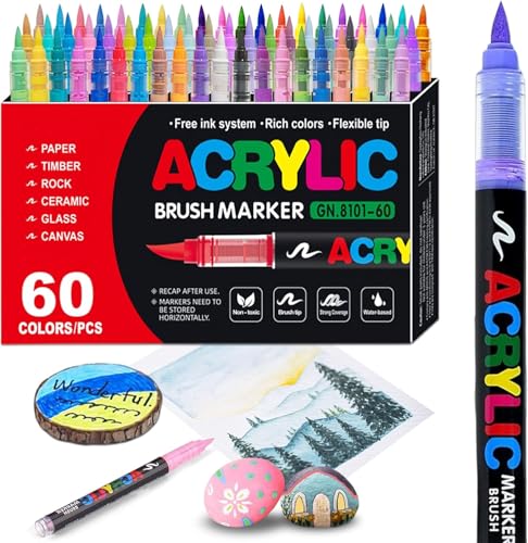 Image of 60 Colors Acrylic Paint Pens, Soft Brush Tip, Quick Dry, Waterproof, Multi-Surface