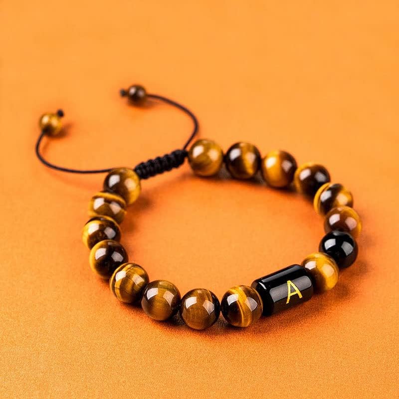 Miniatura 5 de GIOLOYS Pulsera de cuentas con inicial, pulsera de piedras preciosas curativas con ojo de tigre natural y ónix negro, pulseras ajustables para