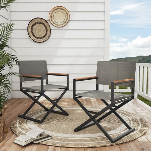 Grand patio Extra-Wide 2-Pack Directors Chairs, Folding Dining Chair Set of 2 with Sling, Woodgrain Armrests, Outdoor, Gray
