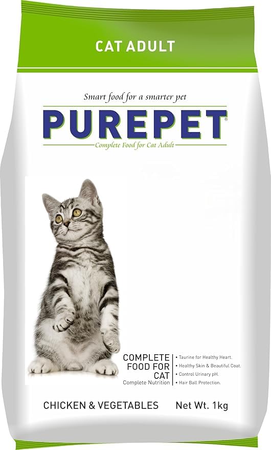 Image of Purepet Adult Dry Cat Food 1kg Pack | Chicken & Vegetable Flavour | Prevents Hairballs | Supports Heart Function | Promotes Skin Wellness | Enriched with Taurine