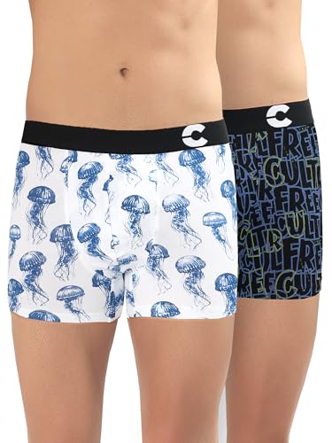 Image of Freecultr Men's Cotton Stretch Printed Trunks | Soft Breathable Innerwear with Stylish Logo Waistband | Comfort Fit Trunks for Everyday Wear