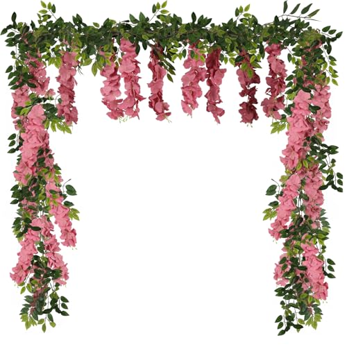 Fqueelvys Artificial Wisteria Garland Dusty Pink Silk Flowers Fake Wisteria Flowers Hanging Greenery Vines Faux Wisteria Garlands Rattan for Home Garden Wedding Arch Indoor Outdoor Decor (Dusty Pink)