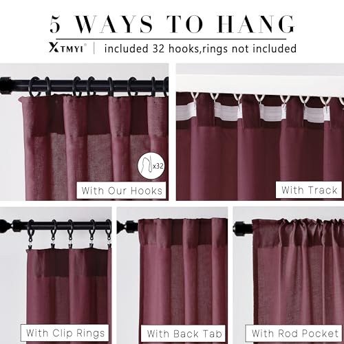 Image of XTMYI Burgundy Curtains 84 Inches Long 2 Panels,Vintage Elegant Maroon Linen Back Tab Hook Pleated Sheer Christmas Curtains for Living Room Bedroom,Dark Red