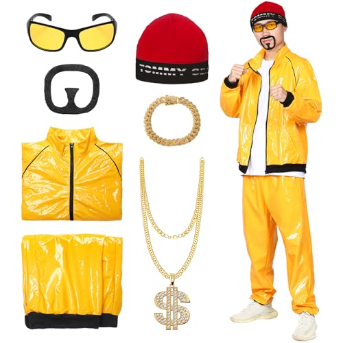 Suffolly 90s Fancy Dress Costumes Men 7 Pcs Shell Suit 80s 90s 80s Fancy Dress Men Halloween Costumes for Mens Fancy Costume for Disco 80s 90s Theme Party Halloween Stag Party(Yellow L)